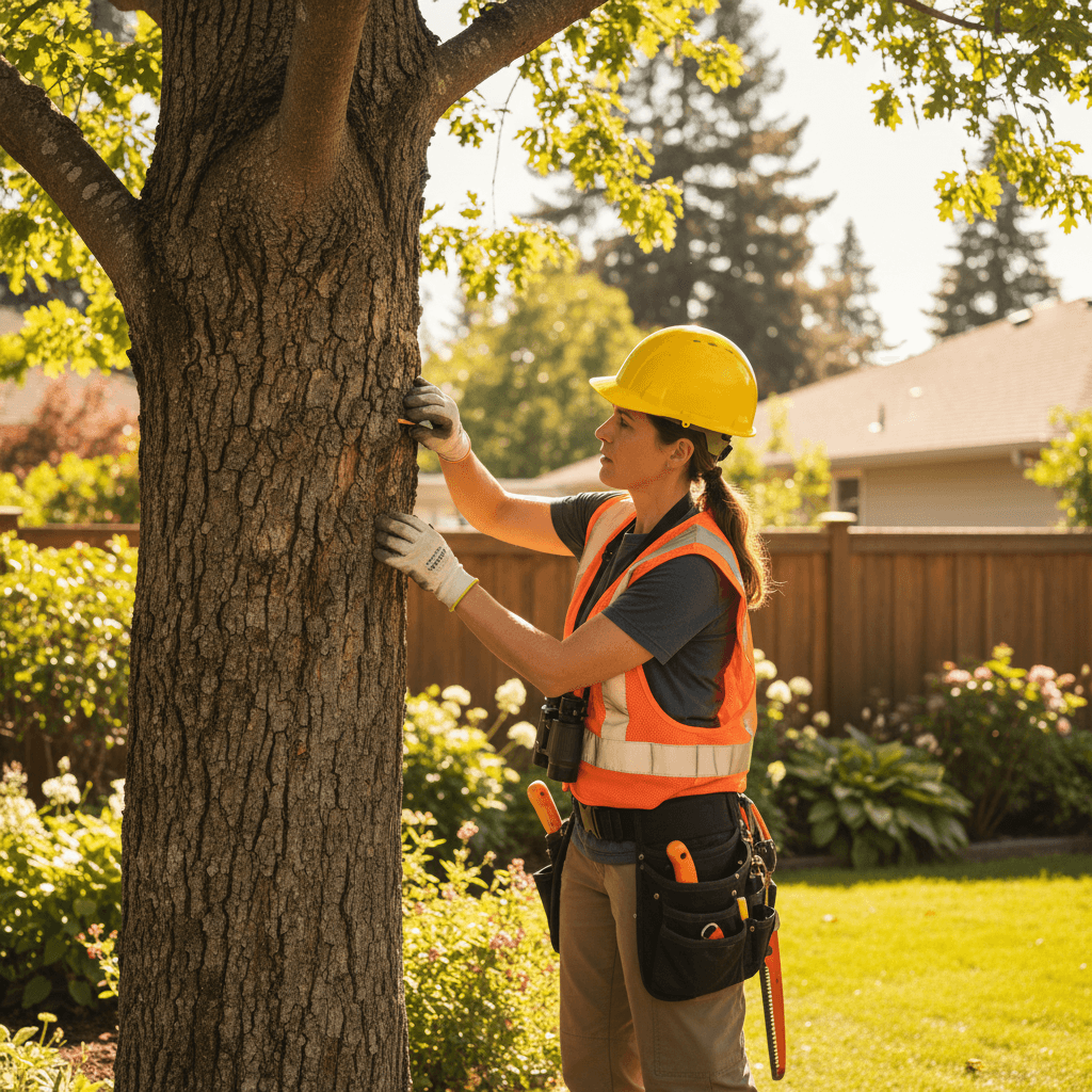 Arborist inspecting tree for hazards and health concerns