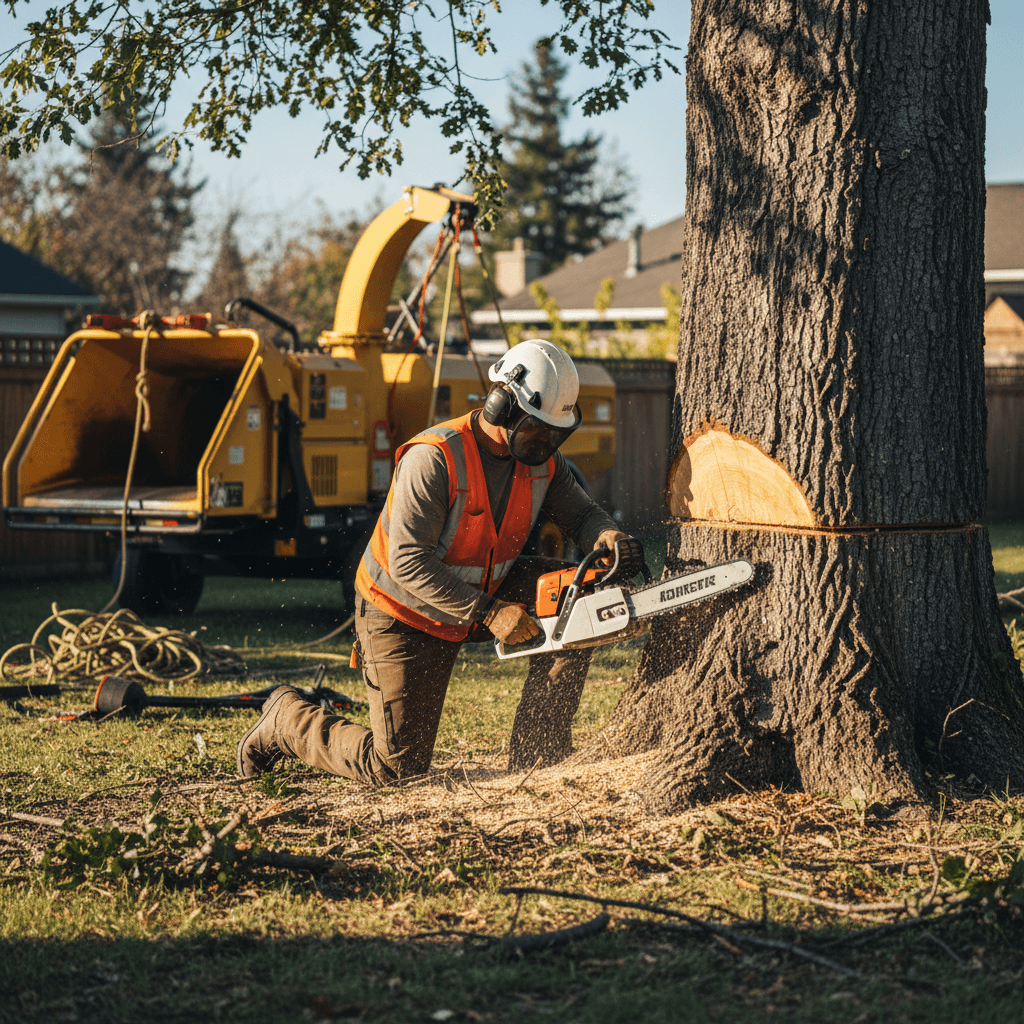 Professional arborist removing a large tree with chainsaw