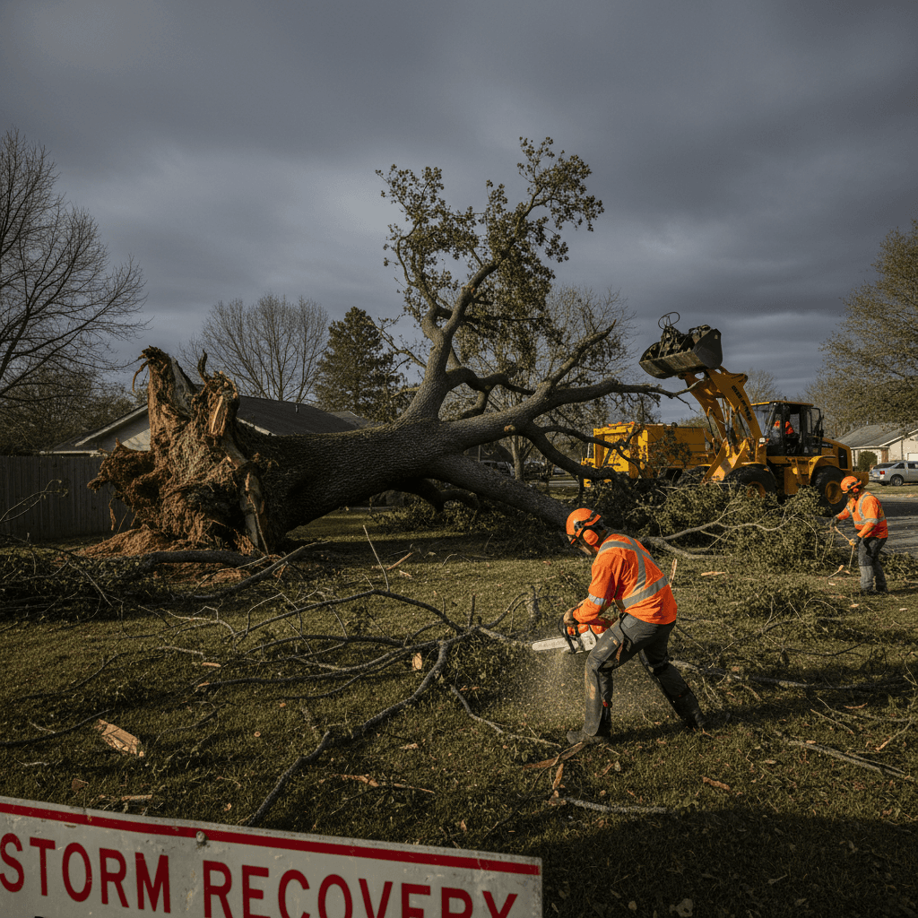 Emergency tree removal crew clearing fallen tree from property