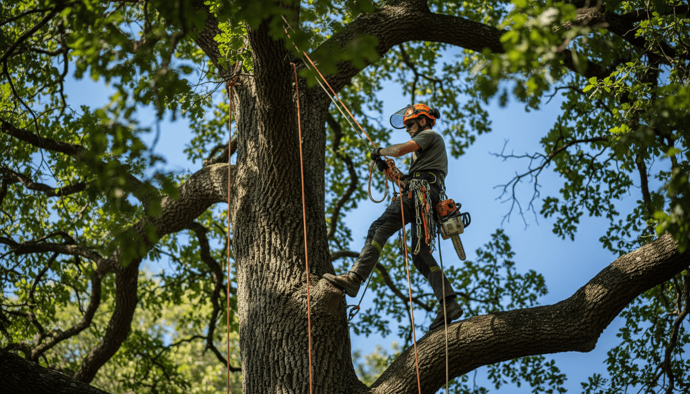 Professional arborist with safety equipment climbing a large tree during expert removal work