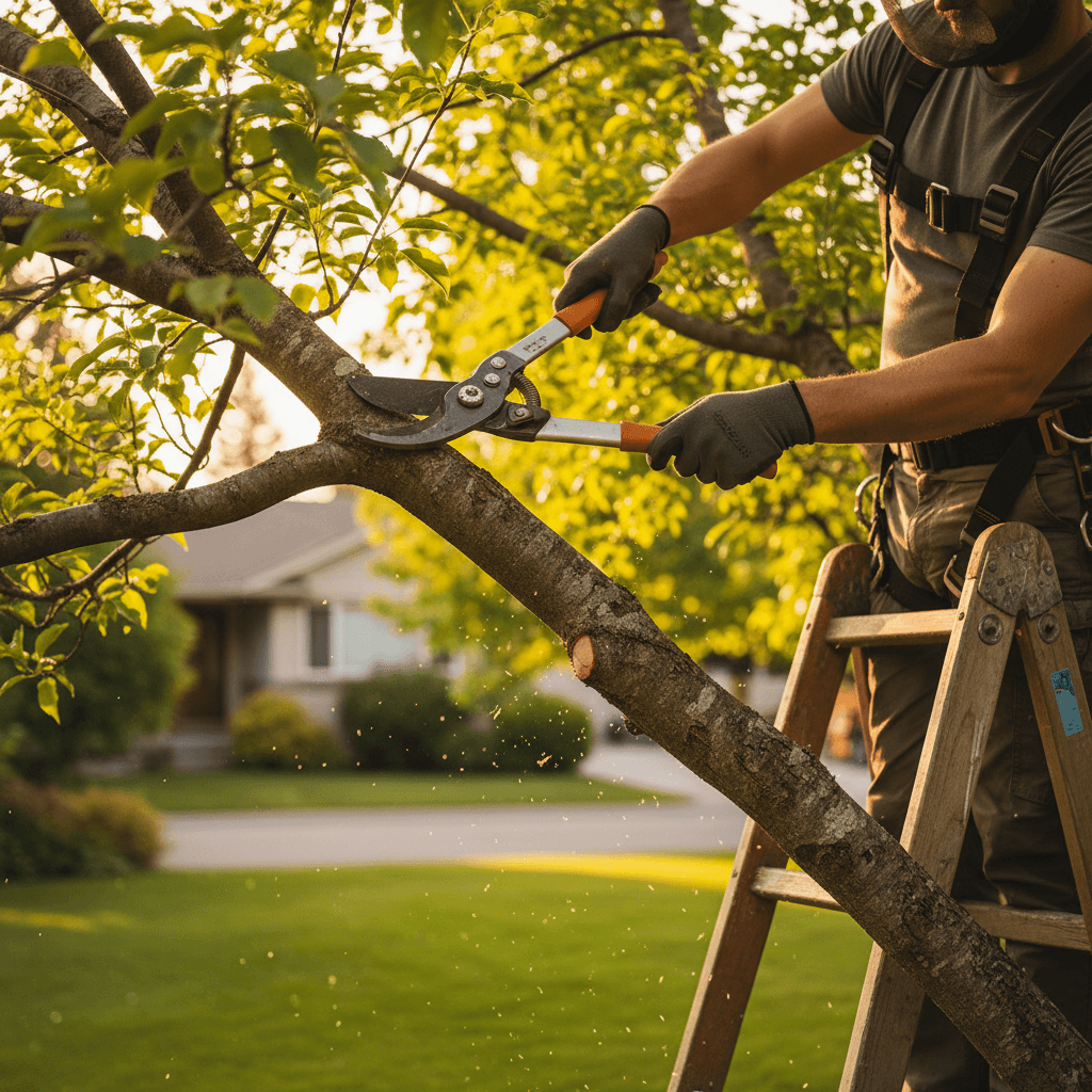 Arborist hand-pruning tree branches with professional shears